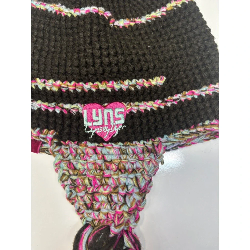Bula Lynsey Dyer Beanie Hat Brown Pink Knit Earflap Tassel Pom Pom